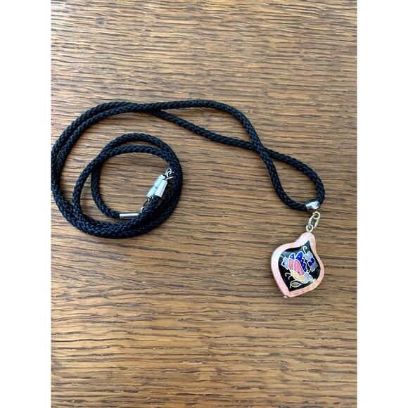 Vintage Cloisonne Floral Black Rope Victorian Pendant Necklace ~Chinese - Picture 2 of 7